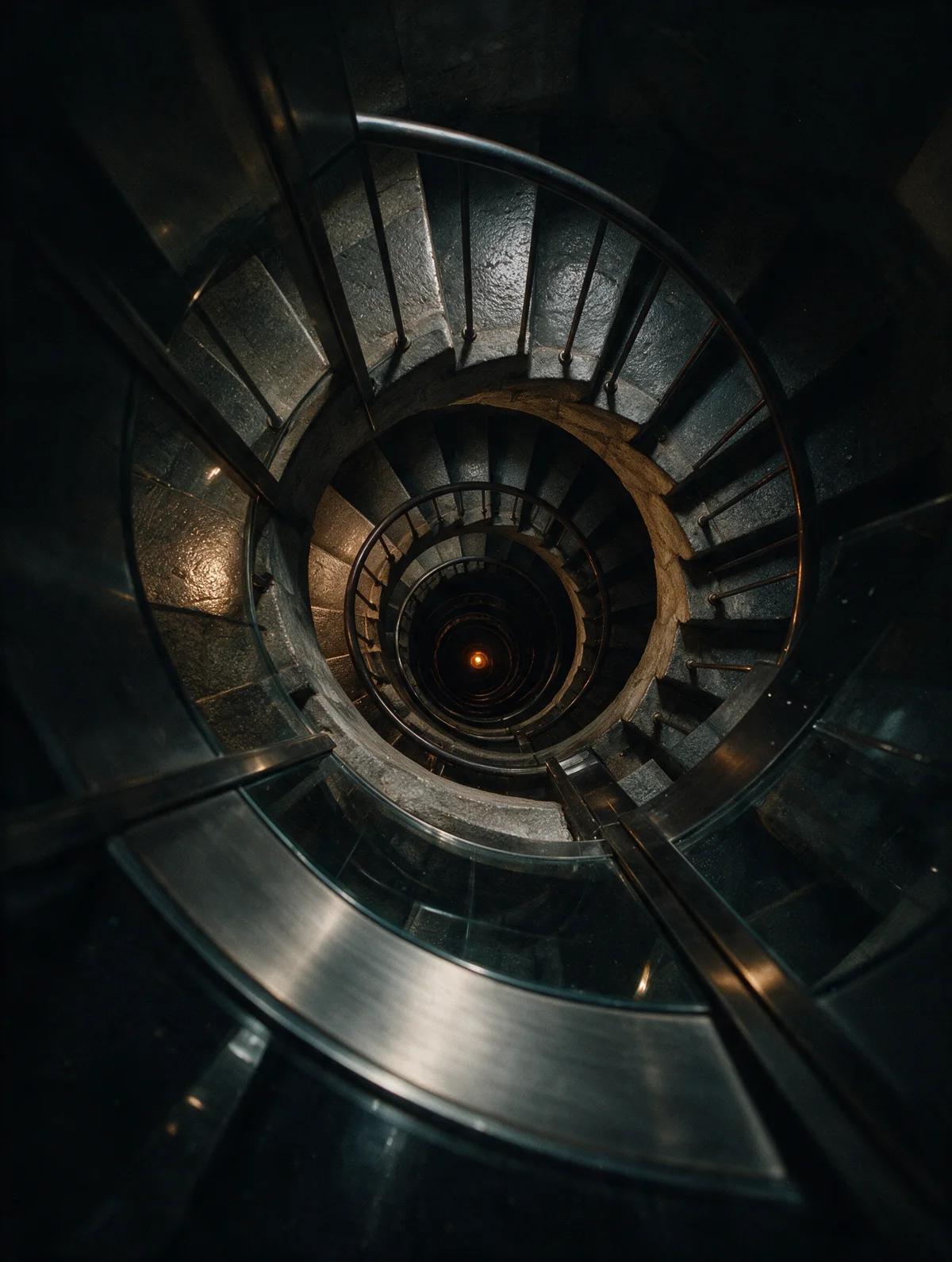 A spiral stairwell narrowing toward a single point of light, viewed from above.