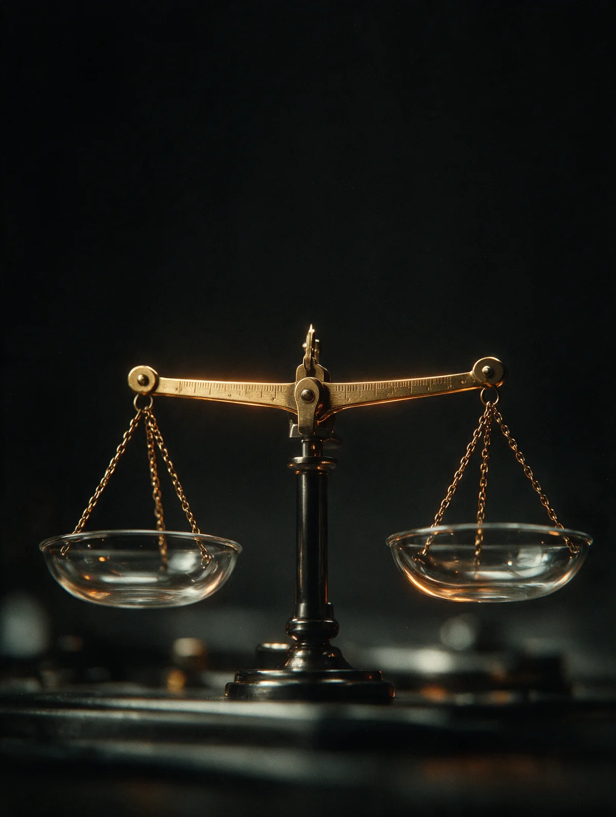 A brass and glass balance scale in perfect equilibrium.